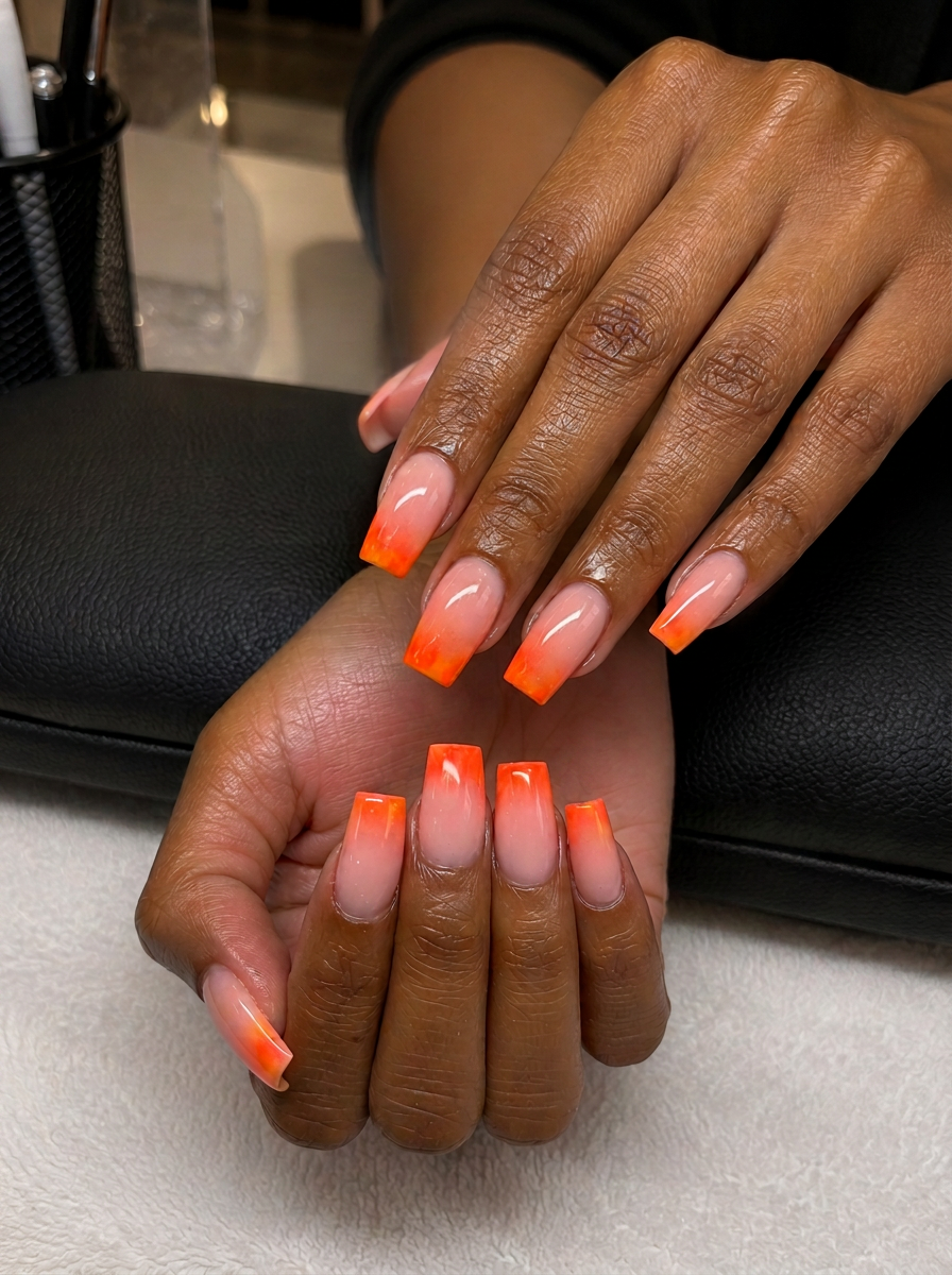 Nude coffin nails with bright orange ombre tips