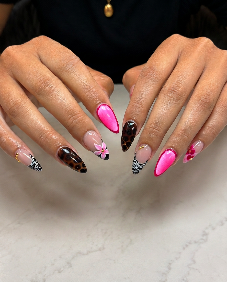 Almond nails with hot pink, leopard print, zebra print and 3D flower art